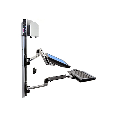 Poste de travail informatique monté sur le mur. Moniteur, clavier et support CPU sont réglables de manière flexible via un bras articulé.