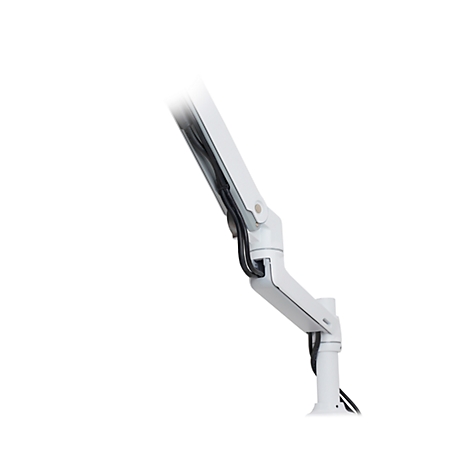 White monitor arm holding cables in black casing.