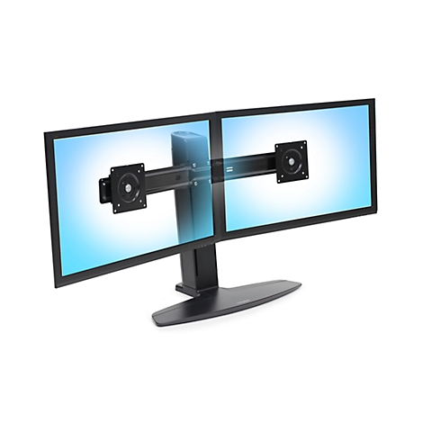 Two monitors attached to a stand with a blue and white background, against a white background.
