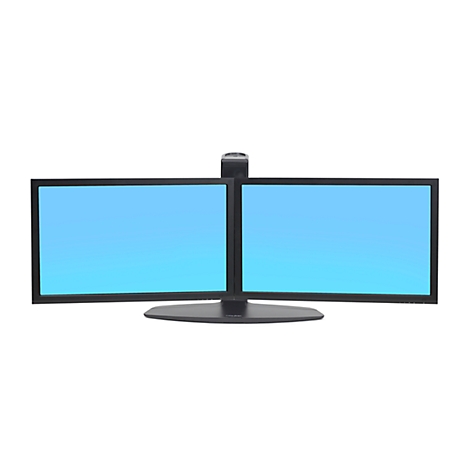 Dual monitor on white background. Blue screens, black frame, central stand.