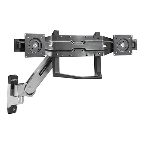 Schwarz-silberne Monitorhalterung. Auf weißem Hintergrund, bestehend aus Haltearmen, Platten und einem Träger. Schriftzug: ERGOTRON.