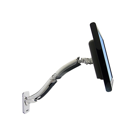 Ein Monitor an einem Gelenkarm, der an einer Wandhalterung befestigt ist. Der Monitor hat einen schwarzen Rahmen und das Display ist blau.