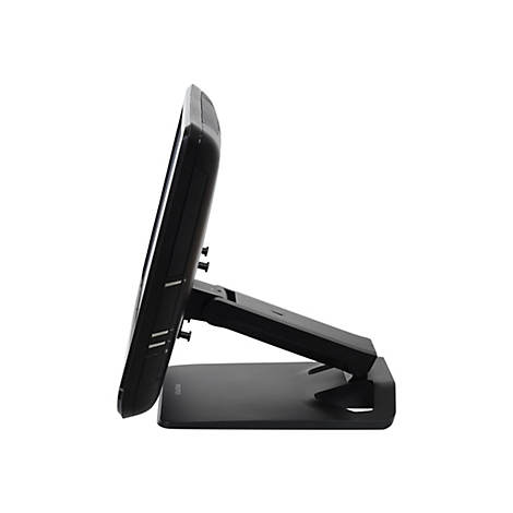 Un moniteur noir de profil, avec support, sur fond blanc. Le moniteur est équipé de boutons et du logo Ergotron.