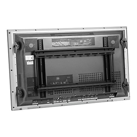 Rückseite eines Flachbildfernsehers. Schwarze Lüftungsschlitze, Befestigungsvorrichtung für die Wandmontage und Anschlüsse unten.