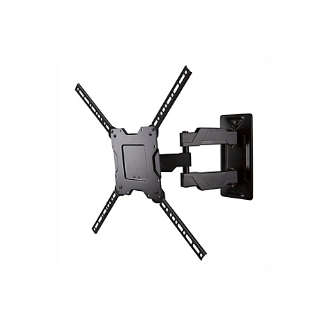 Schwarze TV-Wandhalterung, detaillierte Ansicht. Bestehend aus Metall, mit verschiedenen Halterungsarmen und Gelenken.