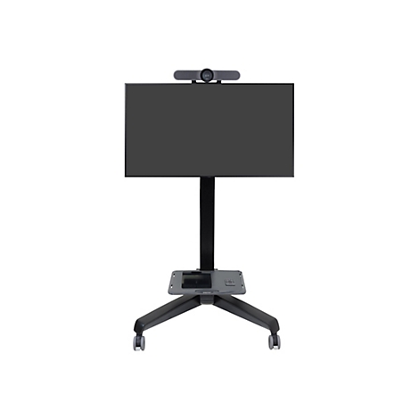 Ein Präsentations- und Videokonferenzsystem mit Bildschirm, Kamera und rollbarem Fuß.