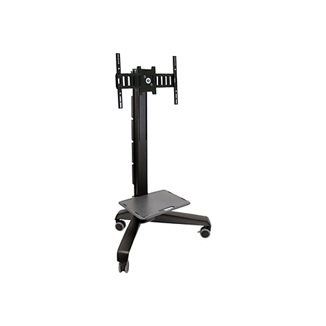 Ein schwarzer, rollbarer TV-Ständer, der vor weißem Hintergrund steht. Er hat eine rechteckige Ablage und ist für Flachbildschirme geeignet.