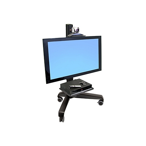 Un système de présentation avec écran plat, webcam et commandes sur un support roulant.