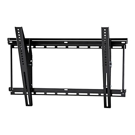 Schwarze TV-Wandhalterung vor weißem Hintergrund. Die Halterung besteht aus Metallstreben und hat eine rechteckige Form mit vielen Löchern zur Befestigung.