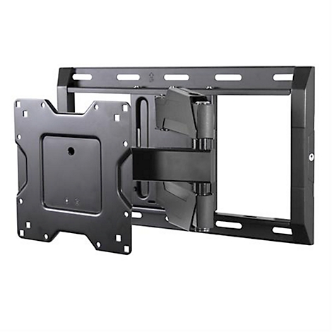 Support mural TV noir sur fond blanc. Cadre de montage et bras articulé pour un alignement flexible.