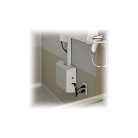 Detailaufnahme einer weißen Wandhalterung mit Stecker. Darunter befinden sich Steckdosen. Rechts eine Halterung für ein Scangerät.