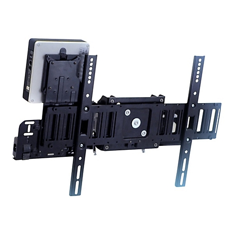 Schwarze TV-Wandhalterung, silbernes Gerät befestigt.