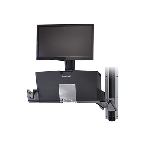 Ein schwarzer Monitor an einer Wandhalterung. Die Halterung hat den Schriftzug 'Ergotron'.