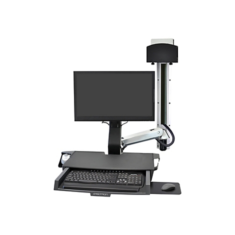 Eine Computerkonsole mit Bildschirm, Tastatur, Maus und höhenverstellbaren Armen, vor weißem Hintergrund.