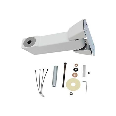 Halterung für einen Monitorarm mit Zubehörteilen wie Schrauben und Kabelbindern, vor weißem Hintergrund.