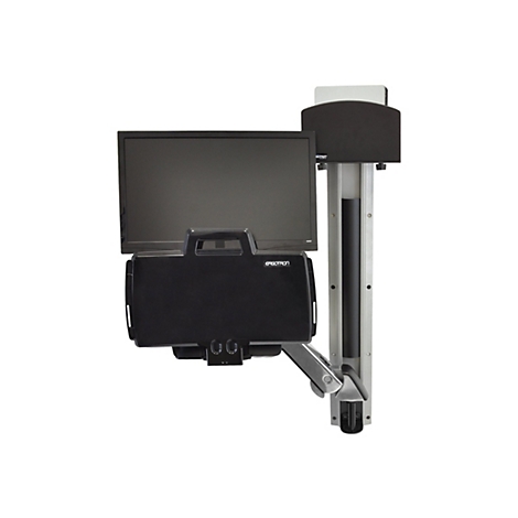 Ein schwarzer Monitor an einer Wandhalterung, an der auch ein Arm und eine Halterung für Zubehör befestigt sind. Der Bildschirm trägt den Schriftzug ERGOTRON.