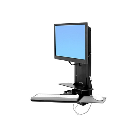 Ein schwarzer, höhenverstellbarer Monitorständer mit Bildschirm, Tastatur und Maus auf weißem Hintergrund.