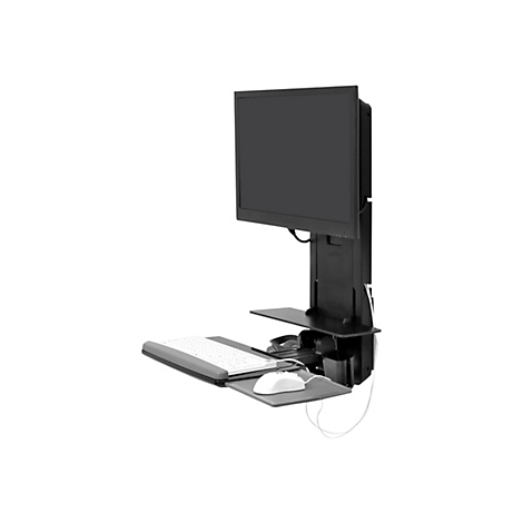 Ein schwarzes Wand-Monitor-Keyboard-System mit Monitor, Keyboard und Maus. Das System wird an der Wand befestigt. Der Hintergrund ist weiß.