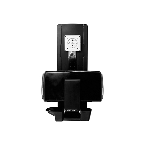 Schwarzer Monitorhalter vor weißem Hintergrund. Oben der VESA-Halter, darunter eine breite, flache Halterung, darunter eine Halterung mit dem Logo ERGOTRON.