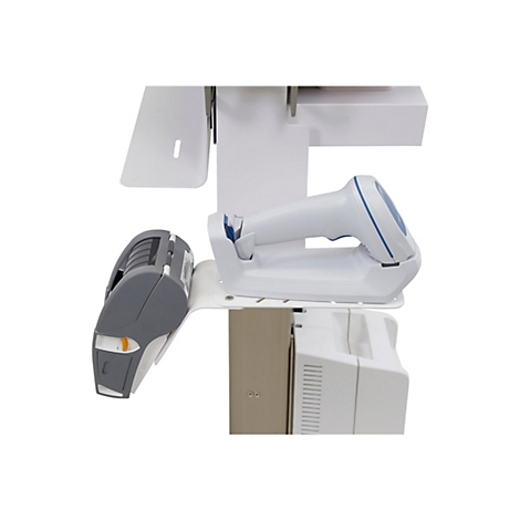 Detailaufnahme einer Kasse mit Barcode-Scanner und Drucker, alles weiß gehalten mit grauen Akzenten.