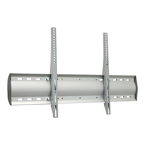 Grauer TV-Halter mit zwei vertikalen Schienen mit Löchern, die an einer horizontalen, gerundeten Halterung befestigt sind. Drei Schrauben verbinden die Teile.