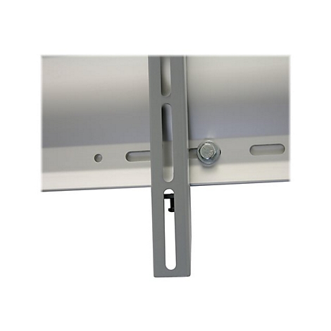 Graue Metallhalterung mit Schraube und LanglÃ¶chern. Detailaufnahme.