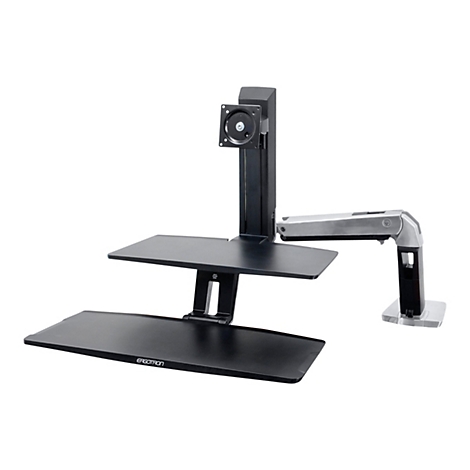 Schwarzer Ergotron-Monitorständer, zeigt einen Monitorhalter, zwei Ablagen und einen Arm.