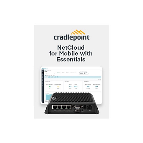 Cradlepoint NetCloud mobile Essentials Router vor einem hellen Hintergrund mit einer Software-Dashboard-Grafik.