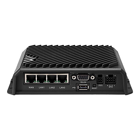 Schwarzes Netzwerkgerät mit Anschlüssen, u.a. WAN, LAN1-3, RS-232, USB, Reset, und GPIO. Geriffelte Oberseite.