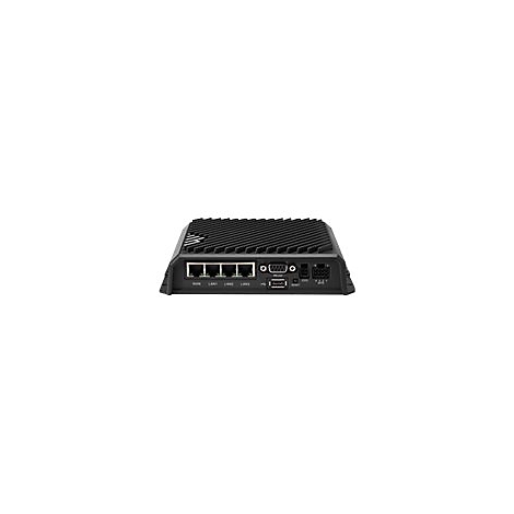 Schwarzer Router mit Anschlüssen, seitlich geriffelt, auf weißem Hintergrund.