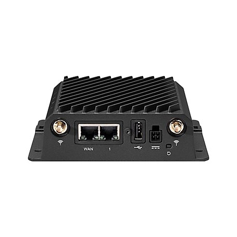 Schwarzer Netzwerk-Router mit Anschlüssen für Ethernet, USB und Antennen vor weißem Hintergrund.