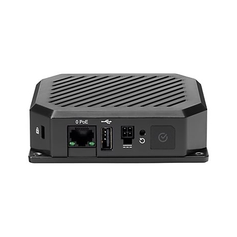 Schwarzes Gehäuse eines Netzwerkgeräts mit RJ45 PoE-Anschluss, USB-Port, Stromanschluss und Power-Taste.