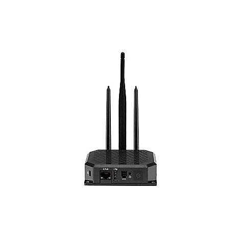 Schwarzer WLAN-Router mit drei Antennen vor weißem Hintergrund.