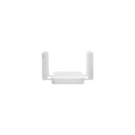 Weißer WLAN-Router mit zwei nach oben gerichteten Antennen vor neutralem Hintergrund.