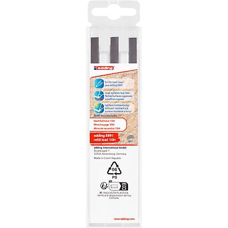 Verpackung mit Ersatzminen 10H von Edding. Auf der Packung sind Produktinformationen aufgedruckt.