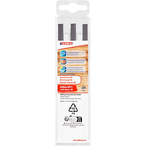 Packung mit Ersatzminen von Edding. Oben sind die grauen Minen zu sehen, dahinter die Produktinformationen.