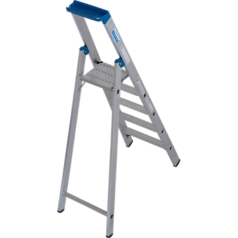 Escalier pliable en aluminium, plateau supérieur bleu, marches grises, pieds de support. Inscription KRAUSE.