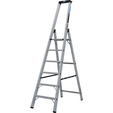 Un escabeau argenté est posé sur un fond blanc. Il comporte six marches et une poignée noire en haut. Le produit est un produit en aluminium.