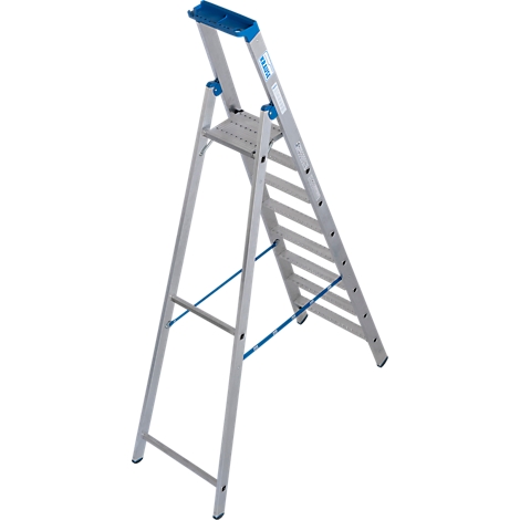 Escabeau argenté, partiellement bleu. Une plateforme en haut, des marches en dessous. Label : Krause.