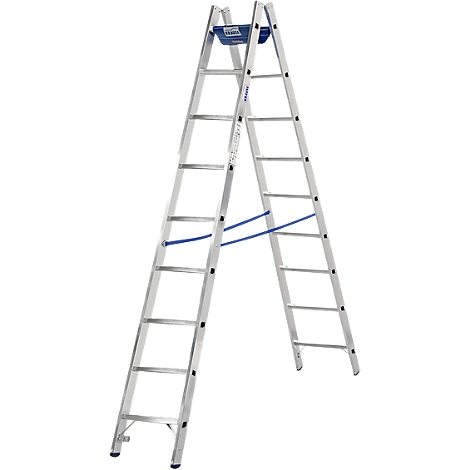 Escalera doble de aluminio abierta, con tirantes azules.