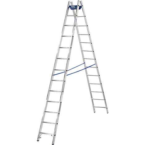 Una escalera plateada en forma de A con soportes azules.