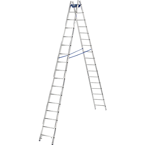 Una escalera plateada, que se abre en forma de V, se alza sobre un fondo blanco.