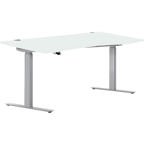 Un escritorio de altura regulable con una mesa blanca y patas plateadas.