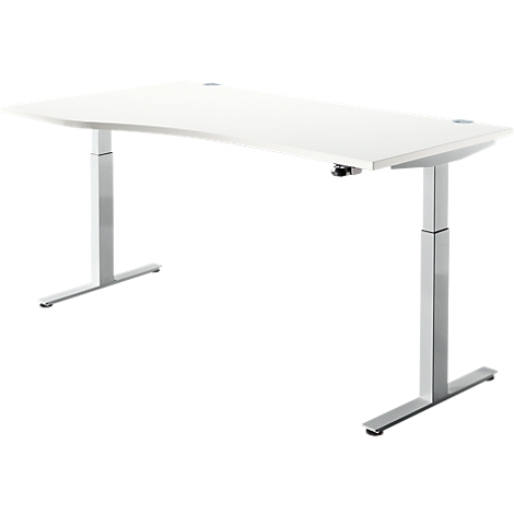 Un escritorio blanco regulable en altura. La mesa tiene una forma ligeramente curvada. Las patas son plateadas.