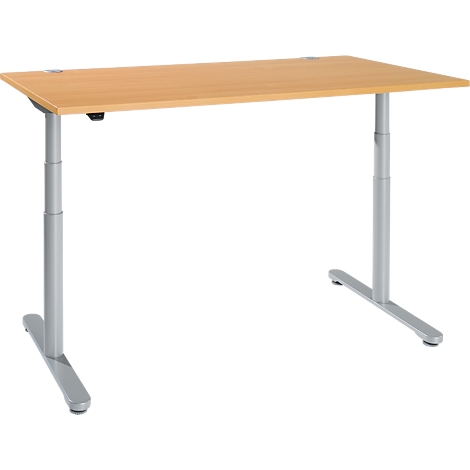 Escritorio regulable en altura marrón claro con patas plateadas. La encimera es rectangular.