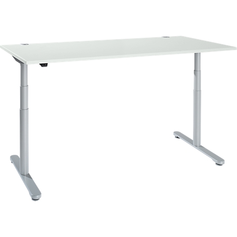 Un escritorio blanco regulable en altura. Dos patas grises sostienen la encimera blanca.