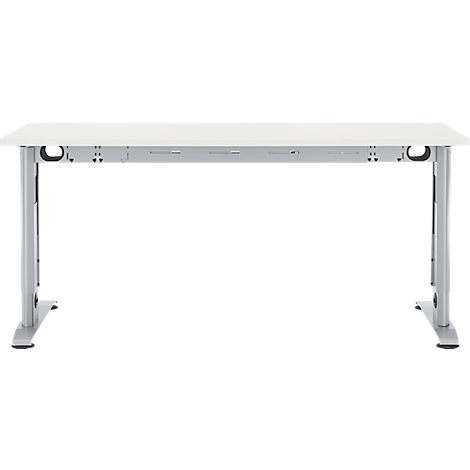 Un escritorio rectangular blanco sin objetos. Patas plateadas, puntales metálicos. El escritorio está frente a un fondo blanco.