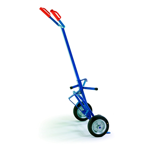 Blue cart with red handles and two black wheels.