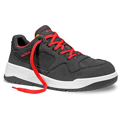 Black safety shoe with red laces, white sole, and "ELTEN" logo.