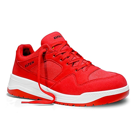 Red sports shoe with white sole. Laces and brand label ELTEN.
